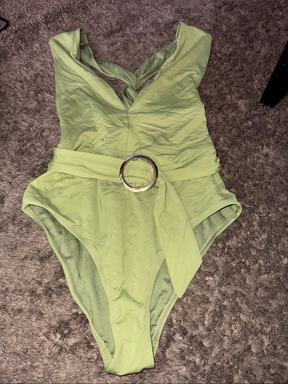 🍐🍈🥝🥑Time and Tru Light Green One-Piece Swimsuit with Accent Ring Belt